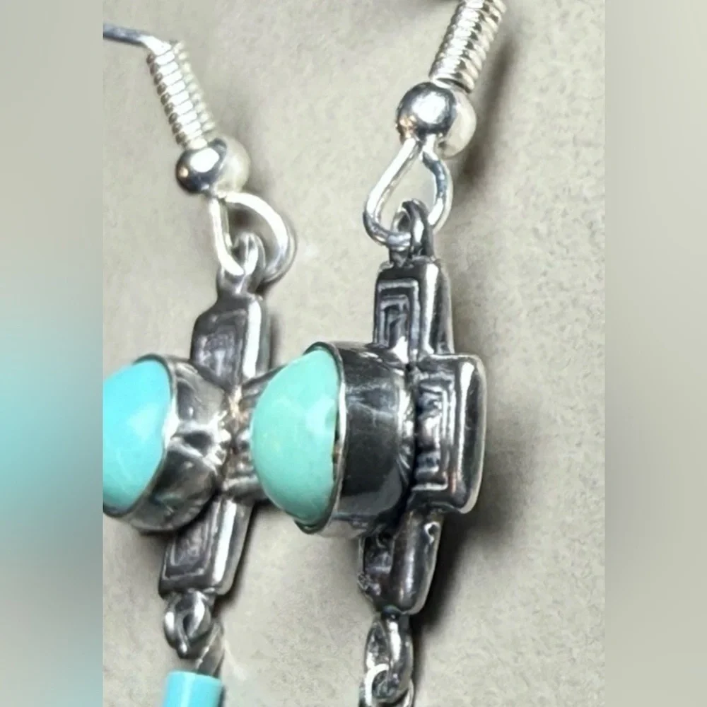 Vtg 925 Sterling Silver Southwestern Turquoise Feather Dangle Earrings by G&S